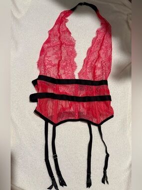 Victoria's Secret sheer halter babydoll teddy/black garter straps.